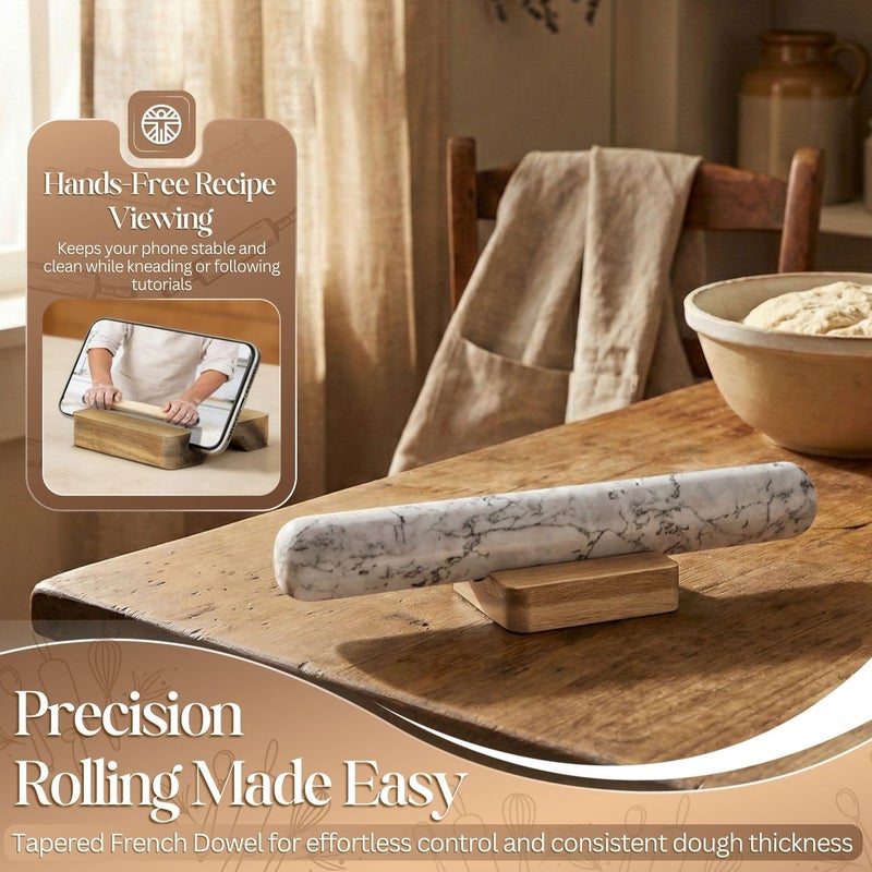 Flexzion French Rolling Pin, 12 Inch White Marble Rolling Pins for Baking with Wooden Base Holder Stand - Non-Stick Baking Roller for Baking Fondant, Crust, Pastry, Cookies, Pizza, Pasta - Image 4